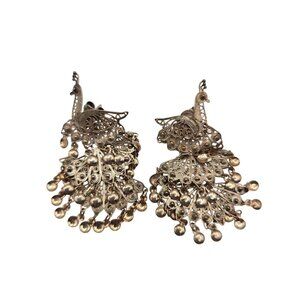 Vintage 90s Filigree Peacock 925 Sterling Silver Dangle Earrings